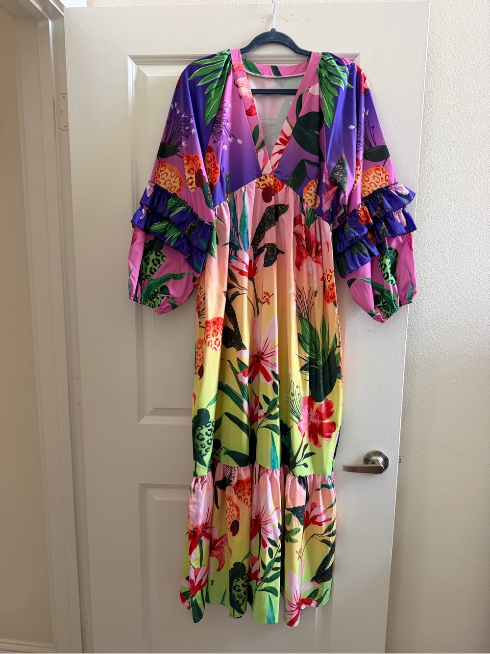 Woman Tropical Floral V-Neck Maxi Dress - Pink, Purple, Yellow